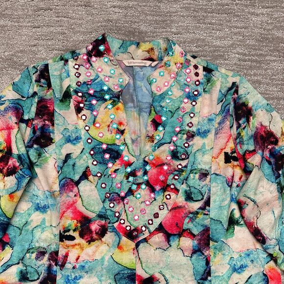 Soft Surroundings Top Womens Large Watercolor Floral Tunic Kurti Embellished - Picture 2 of 14